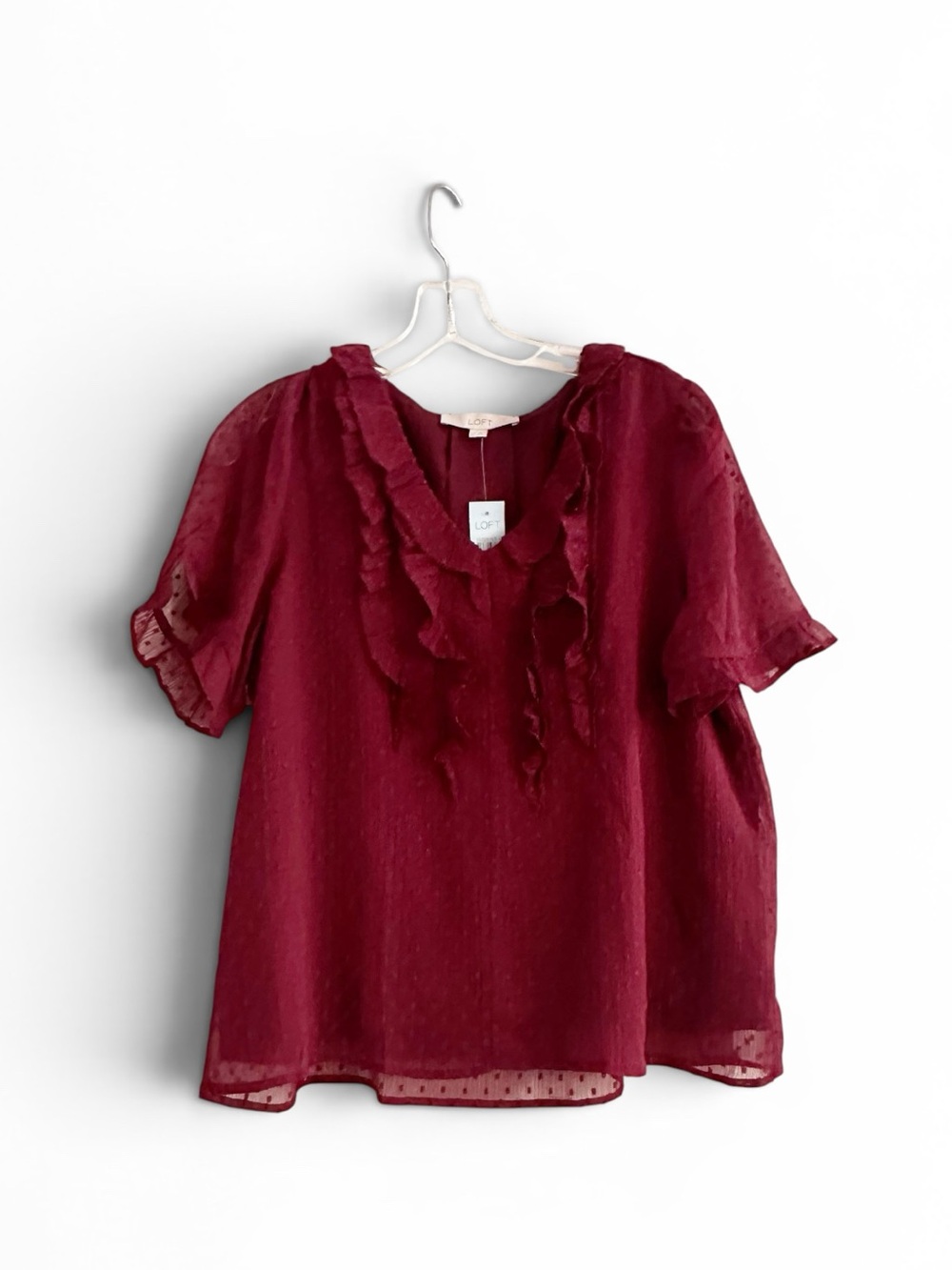 Ann Taylor LOFT Maroon V neck Ruffle Blouse Swiss Dot Large Petite Top 2023 NWT